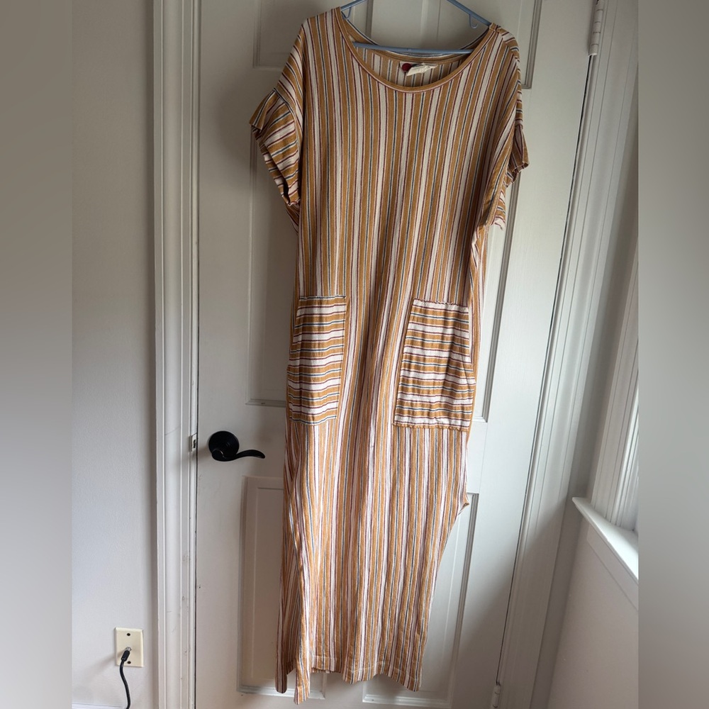 FP Beach Striped Maxi Dress L 100% Cotton Mustard Boho Pockets - Picture 2 of 8